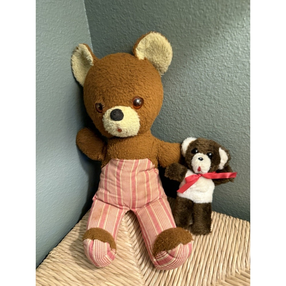 Vintage Pair Teddy Bear Plush 50/ 1960s VTG Collectors Mini & Regular Size